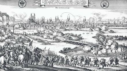Magdeburg vor dem Fall. Im Mai 1631 wurde die Stadt von den kaiserlichen Heeren belagert und schließlich zerstört. Das grausige Geschehen zeigt dieser Kupferstich von Matthäus Merian d. Ä.