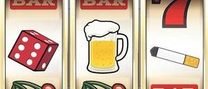 Glücksspiel, Alkohol und Tabak können süchtig machen.