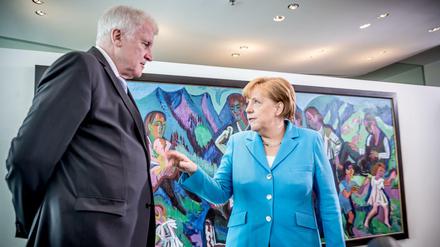 Bundeskanzlerin Angela Merkel (CDU) spricht mit Innenminister Horst Seehofer (CSU). 