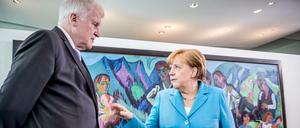 Bundeskanzlerin Angela Merkel (CDU) spricht mit Innenminister Horst Seehofer (CSU). 