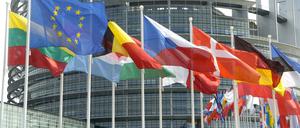 ARCHIV - Die Flaggen der 25 Mitgliedsländer der Europäischen Union wehen am 10.06.2004 vor dem Europa-Parlament in Straßburg im Wind. Bei der Europawahl 2009 am 7. Juni sind rund 375 Millionen EU-Bürger in 27 europäischen Ländern zur Wahl aufgerufen. Foto: Rolf Haid dpa (zu dpa-Themenpaket "Europawahl" vom 02.06.2009) +++(c) dpa - Bildfunk+++