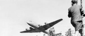 Ein Junge verfolgt von einem Baum aus den Landeanflug eines US-Transportflugzeugs auf den Flughafen Tempelhof.