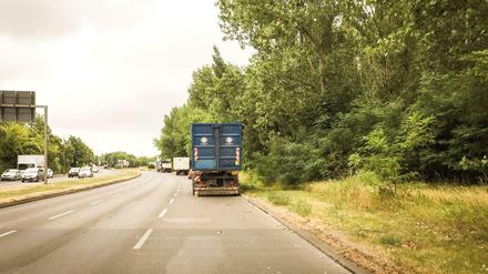 Radwege gibt es an dieser Stelle auf der Märkischen Allee keine. Dafür fünf geparkte Lkw zwischen Poelchaustraße und Märkischer Spitze auf der rechten Spur.