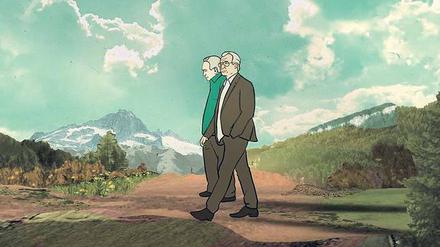 Belebtes Gespräch. Fake-Kishon und sein Fake-Nachbar auf Wanderung.