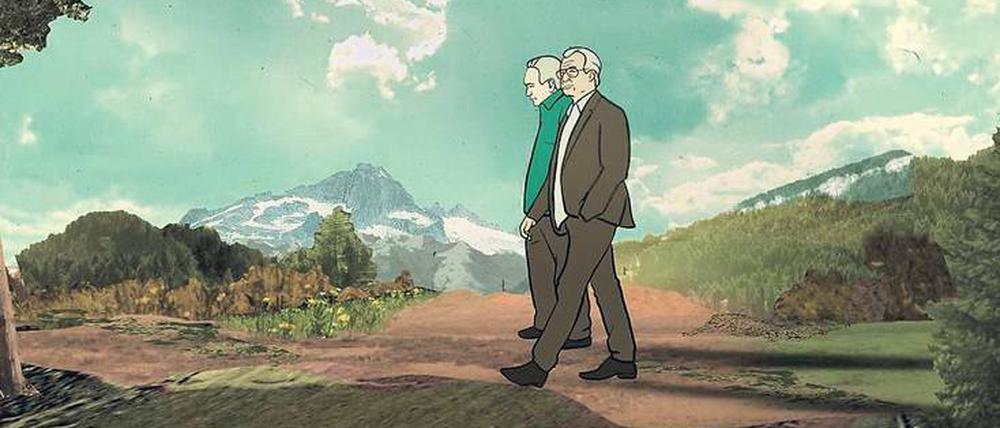 Belebtes Gespräch. Fake-Kishon und sein Fake-Nachbar auf Wanderung.