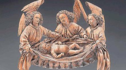 Glücklich gelandet. Himmlisches Trio mit Christuskind (15. Jhdt.).