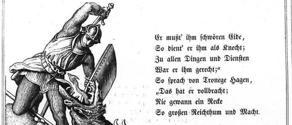 Drachentöter: Das mittelalterliche Nibelungenlied ist von Hass durchzogen. Der Holzschnitt von Julius Schnorr von Carolsfeld (1843) zeigt, wie Siegfried den Drachen Fafnir erschlägt und in dessen Blut badet.