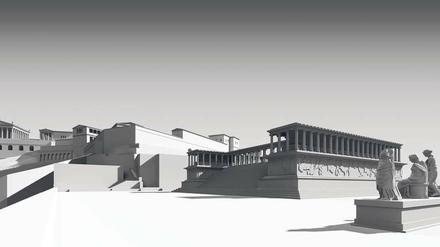 Virtuelles Modell des Stadtbergs von Pergamon. Blick von Südwest über die Altarterrasse mit der Treppenfront des Großen Altars – darüber das Athena-Heiligtum.