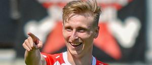 Nach vorne. Joshua Mees jubelt ab der kommenden Saison im Union-Trikot.