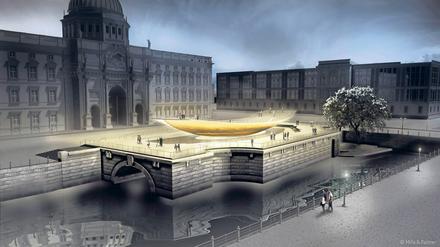 Ein Modell des geplanten Freiheits- und Einheitsdenkmals vor dem Berliner Schloss.
