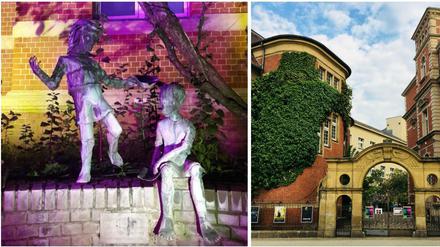 Links: die beiden Figuren. Rechts: Der Torbogen zum Innenhof.