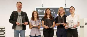 Klagenfurter Gruppenbild mit Gewinner und Gewinnerinnen 2018: Bov Bjerg (Deutschlandfunk-Preis), Özlem Özgül Dündar (Kelag-Preis), Tanja Maljartschuk (Ingeborg-Bachmann-Preis), Raphaela Edelbauer (Publikumspreis) and Anna Stern (3sat-Preis), von links