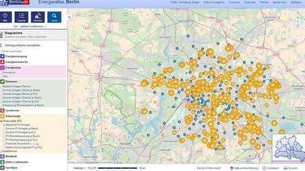 So viele Sonnen. Der Energieatlas zeigt an, wo PV-Anlagen in Berlin stehen.
