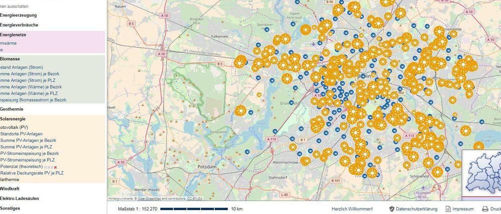 So viele Sonnen. Der Energieatlas zeigt an, wo PV-Anlagen in Berlin stehen.