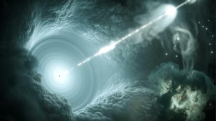 So stellen sich die Forscher des Deutschen Elektronen-Synchrotron in Zeuthen den Blazar, ein supermassives Schwarzes Loch, vor, von dem wohl das Neutrino stammt, dass der Detektor "IceCube" im Südpol-Eis im September 2017 registriert hat.