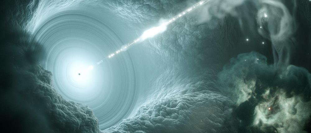 So stellen sich die Forscher des Deutschen Elektronen-Synchrotron in Zeuthen den Blazar, ein supermassives Schwarzes Loch, vor, von dem wohl das Neutrino stammt, dass der Detektor "IceCube" im Südpol-Eis im September 2017 registriert hat.