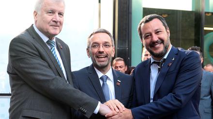 Hand drauf. Innenminister Horst Seehofer (CSU) mit seinem Kollegen Herbert Kickl aus Österreich und dem Italiener Matteo Salvini (r.).