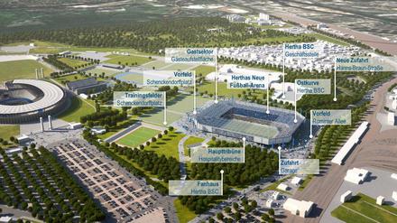 Stand Mai 2018: So soll das neue Stadion liegen, das Hertha BSC sich wünscht - ganz am Rand des Olympiaparks. Links das Olympiastadion, rechts unten der U-Bahnhof.