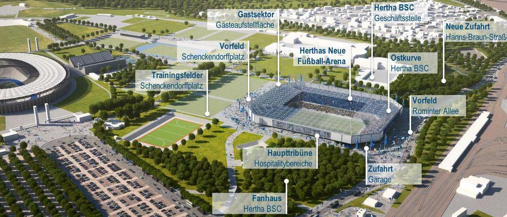 Stand Mai 2018: So soll das neue Stadion liegen, das Hertha BSC sich wünscht - ganz am Rand des Olympiaparks. Links das Olympiastadion, rechts unten der U-Bahnhof.