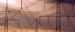 Strommasten und Windräder in Brandenburg.