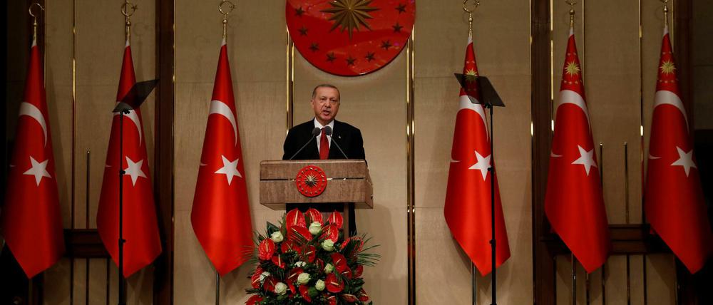Zwischen türkischen Flaggen: Präsident Recep Tayyip Erdogan im Präsidentenpalast von Ankara.