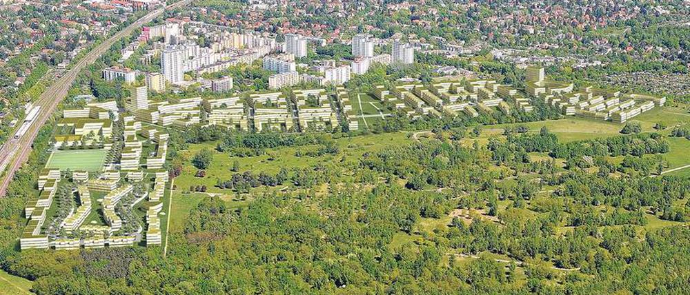 So soll das neue Stadtviertel in Lichterfelde-Süd aussehen. Das einstige Kriegsgefangenenlager befindet sich auf dem Areal rechts.
