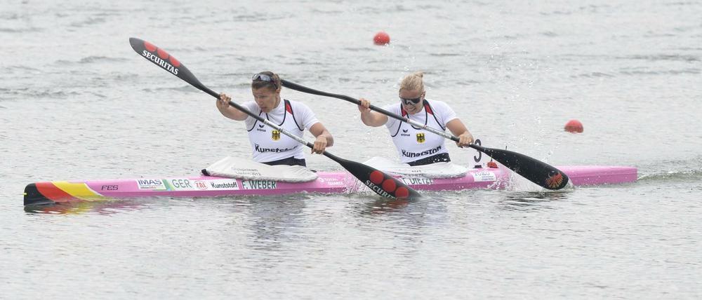 Gegen den Strom. Tina Dietze (r.) und Franziska Weber im Kajak-Zweier. der Frauen über 500m.