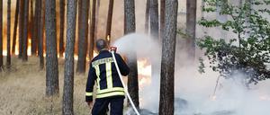 Ein Feuerwehrmann bekämpft den Großbrand bei Fichtenwalde.