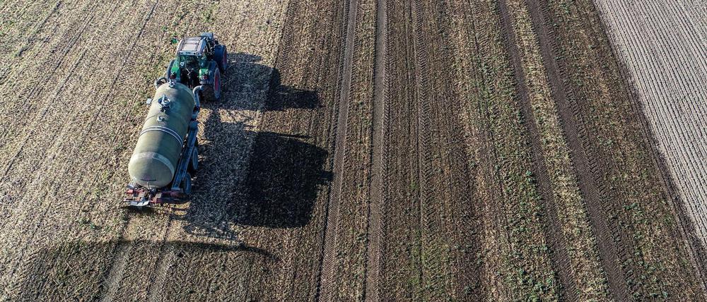 Ein Bauer bringt Gärreste aus einer Biogasanlage aus. Der enthaltene Stickstoff reagiert in der Luft zu Lachgas.