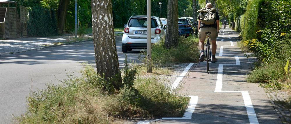 Sieht aus wie Streetart: der Fahrradweg in der Leo-Baeck-Strasse in Zehlendorf