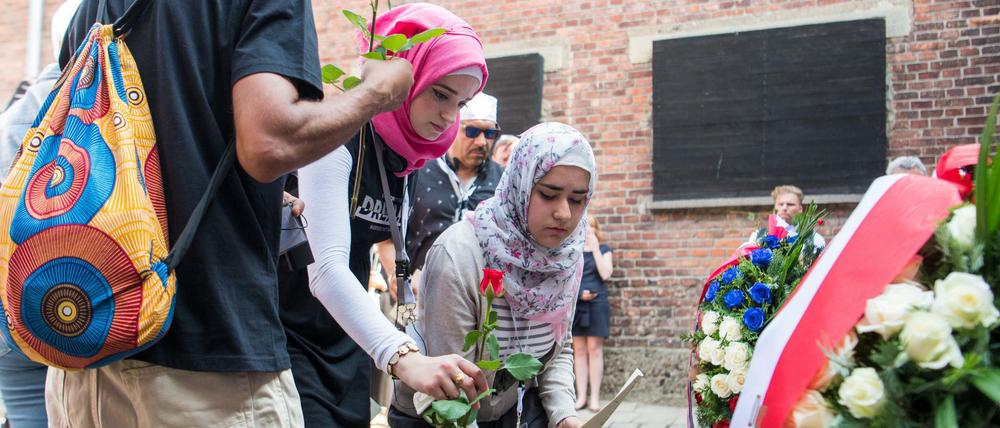 Junge Muslimas legen Blumen an der sogenannten Todesmauer im ehemaligen deutschen Konzentrationslager Auschwitz nieder.