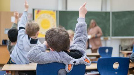 Grundschüler sitzen im Klassenraum und melden sich, vorne steht eine Lehrkraft.