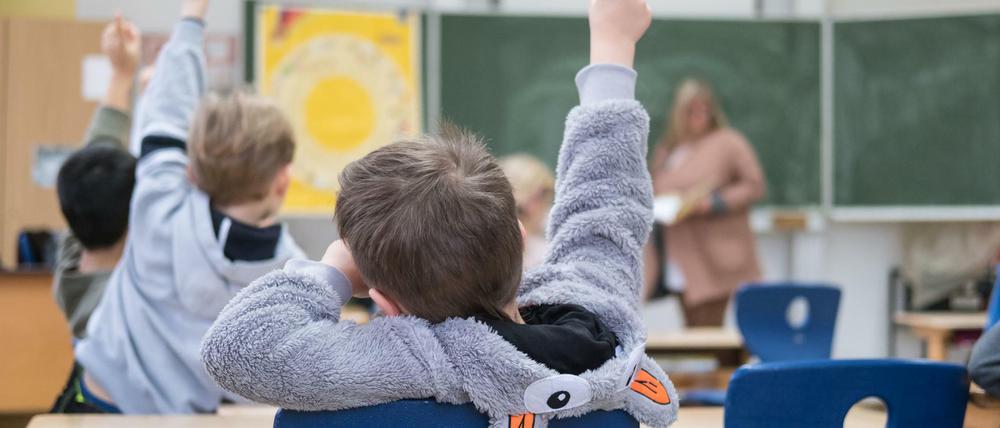 Grundschüler sitzen im Klassenraum und melden sich, vorne steht eine Lehrkraft.