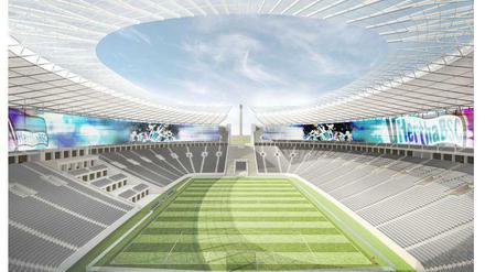 Die andere Idee, Stand: Mai 2018. Auch der Senat hat sich mit dem Architekturbüro gmp Gedanken zum Umbau des Olympiastadions gemacht.
