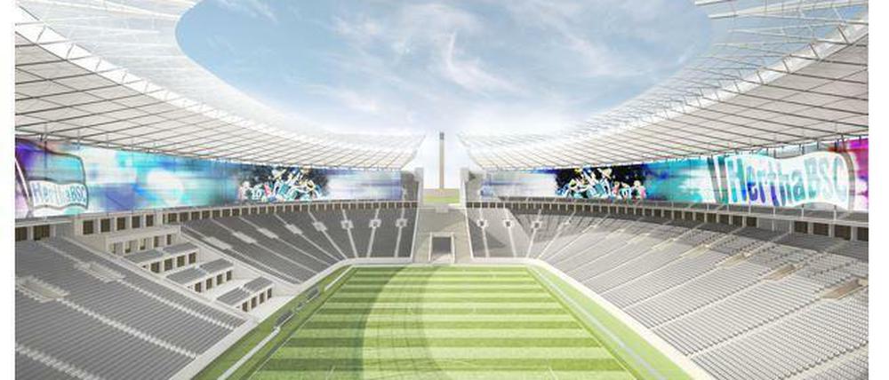 Die andere Idee, Stand: Mai 2018. Auch der Senat hat sich mit dem Architekturbüro gmp Gedanken zum Umbau des Olympiastadions gemacht.