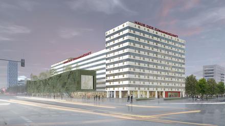 Die neue Fassade kommt mit langen Fensterbändern daher. Vorgelagert ist ein begrünter Pavillon.