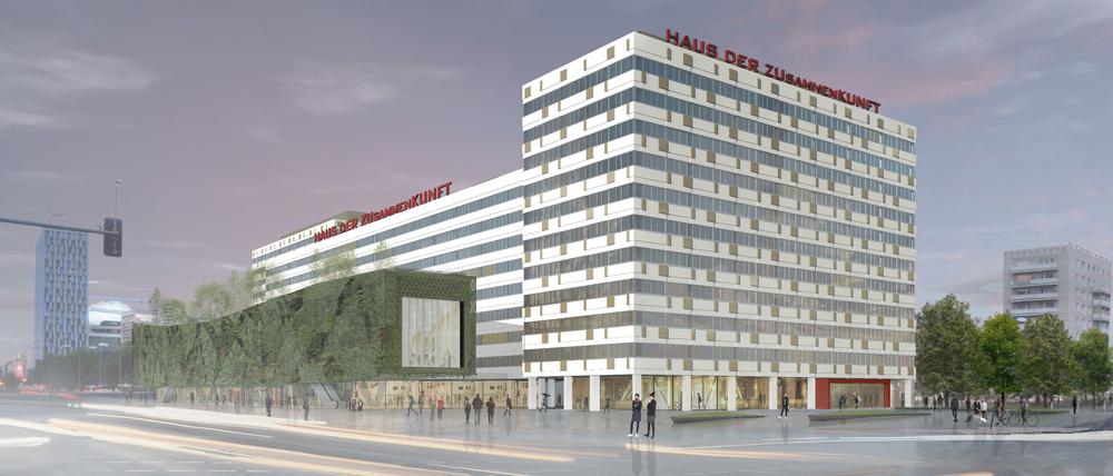 Die neue Fassade kommt mit langen Fensterbändern daher. Vorgelagert ist ein begrünter Pavillon.