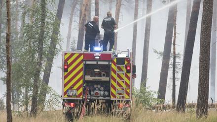 Feuerwehr bei der Bekämpfung eines Wald- und Waldbodenbrandes nahe Treuenbrietzen