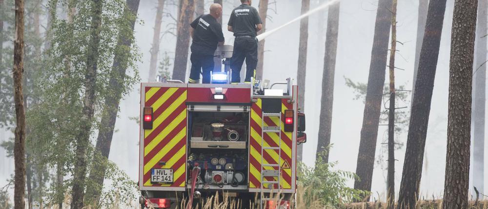 Feuerwehr bei der Bekämpfung eines Wald- und Waldbodenbrandes nahe Treuenbrietzen