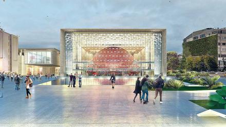 Hommage an einen ikonischen Bau. Das Kulturzentrum soll in der Kubatur des alten Gebäudes von Hayati Tabanlaozlu entstehen. Im Zentrum der Zuschauersaal in Form einer Halbkugel. Die Fassade war früher aus Aluminium, jetzt wird sie transparent.