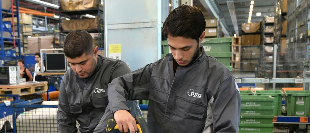 Flüchtlinge aus Syrien bei der Arbeit in einem Vertriebszentrum eines Autobauers in Brandenburg. 