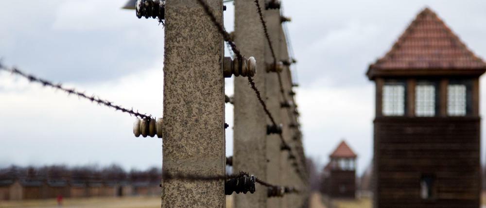 Der Zaun und die Wachtürme des Konzentrationslagers Auschwitz-Birkenau. 