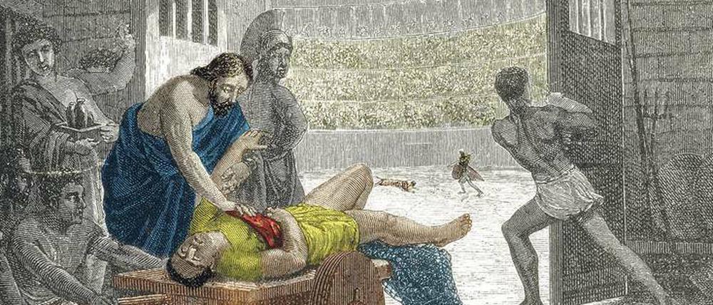 Galenus, der berühmteste Arzt im alten Rom, begann seine Karriere in einer Gladiatorenkaserne in Pergamon. Später wurde er kaiserlicher Leibarzt.