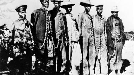Gefangene Hereros während des Herero-Aufstandes in der deutschen Kolonie Deutsch-Südwestafrika (Namibia) 1904.