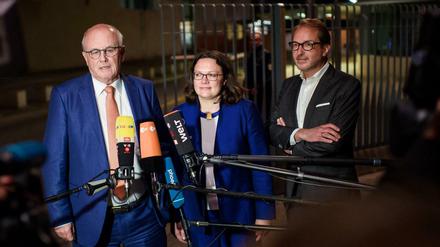 Volker Kauder, Andrea Nahles und Alexander Dobrindt nach dem Ende der Rentendiskussion