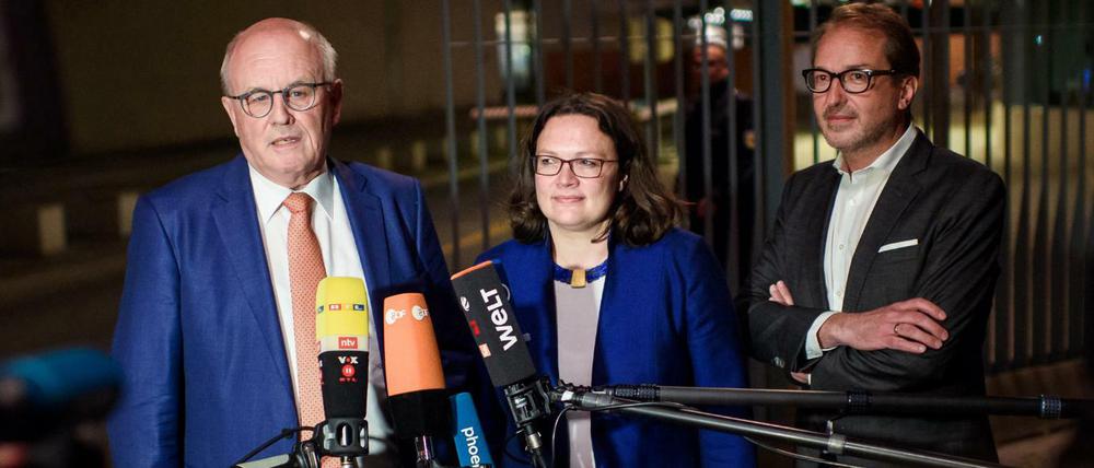 Volker Kauder, Andrea Nahles und Alexander Dobrindt nach dem Ende der Rentendiskussion