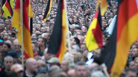 Die Teilnehmer der Demonstration von AfD und dem ausländerfeindlichen Bündnis Pegida, der sich auch die Teilnehmer der Kundgebung der rechtspopulistischen Bürgerbewegung Pro Chemnitz angeschlossen haben, am 1. September in Chemnitz.