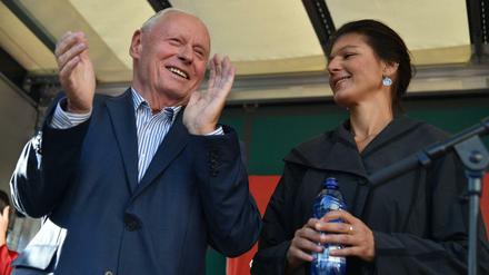 Linken-Politiker Oskar Lafontaine, Sahra Wagenknecht im September 2017 im Bundestagswahlkampf in Saarbrücken. 