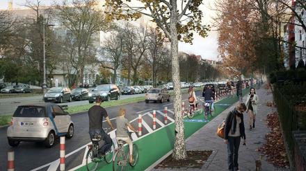 Geschützter Grüner Radstreifen (Visualisierung der Planung für die Hasenheide).