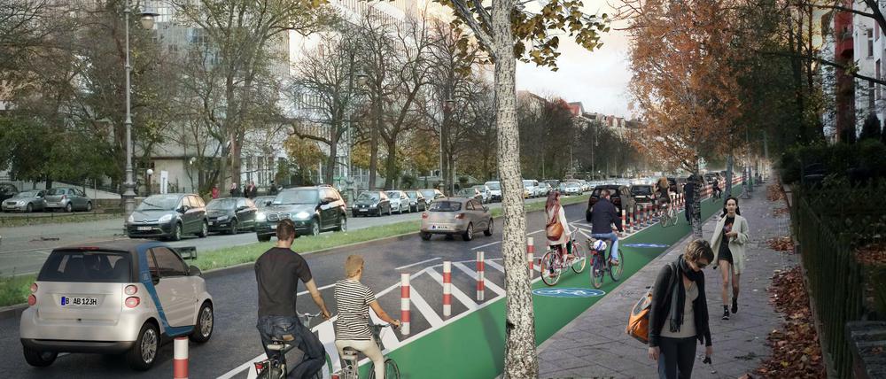 Geschützter Grüner Radstreifen (Visualisierung der Planung für die Hasenheide).